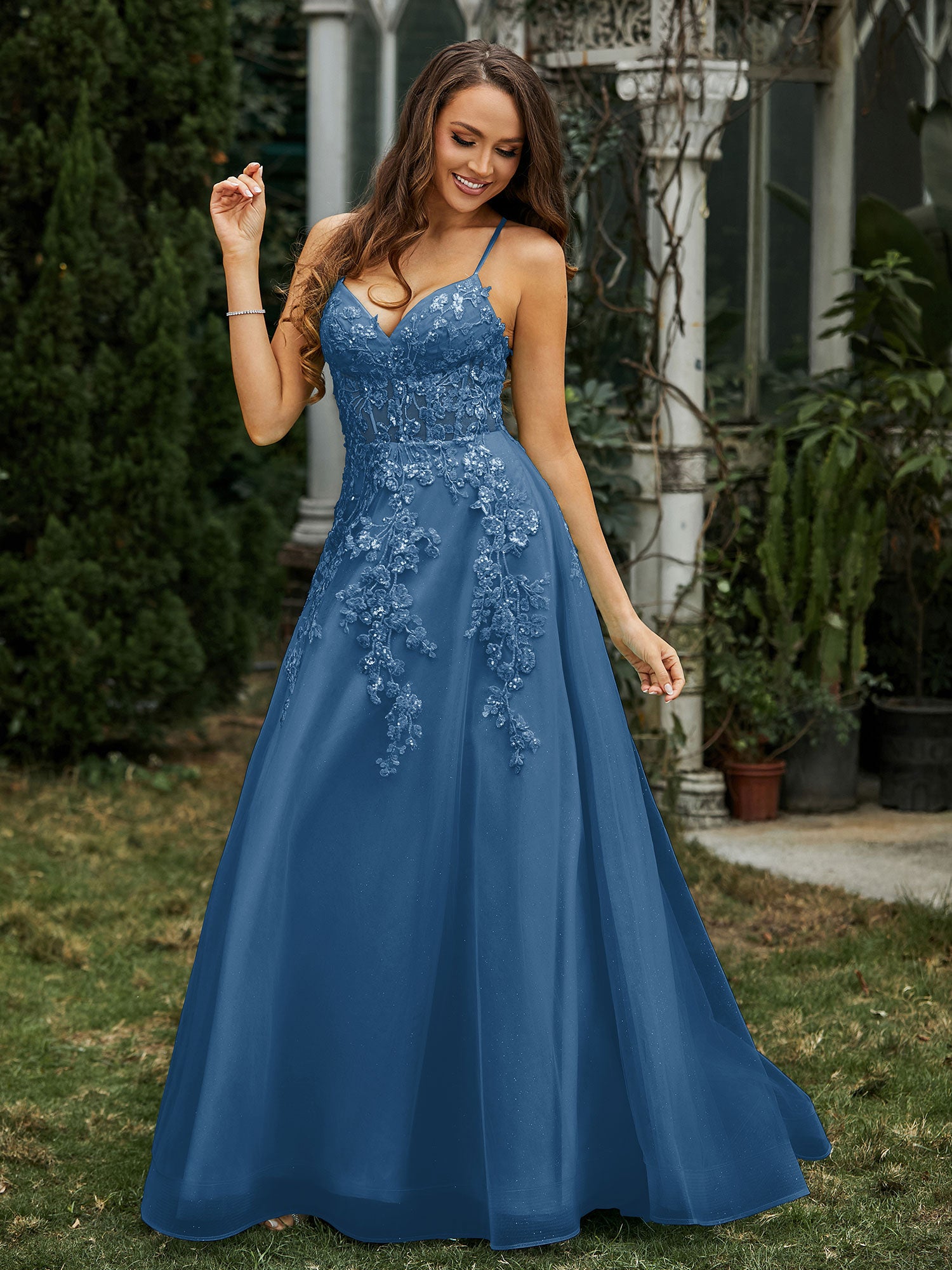 Sweetheart Appliqued Beaded Sweep Train Dress Ink Blue